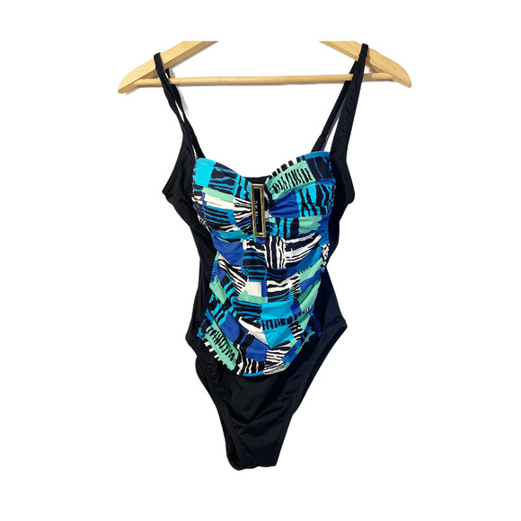 La Blanca One Piece Padded Ruched Swimsuit with Gold Emblem Women's Size 10 - Picture 1 of 7